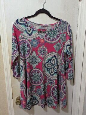 Colorful Boho-style 3/4 Sleeve Tunic Top, Mandala Print Medium
